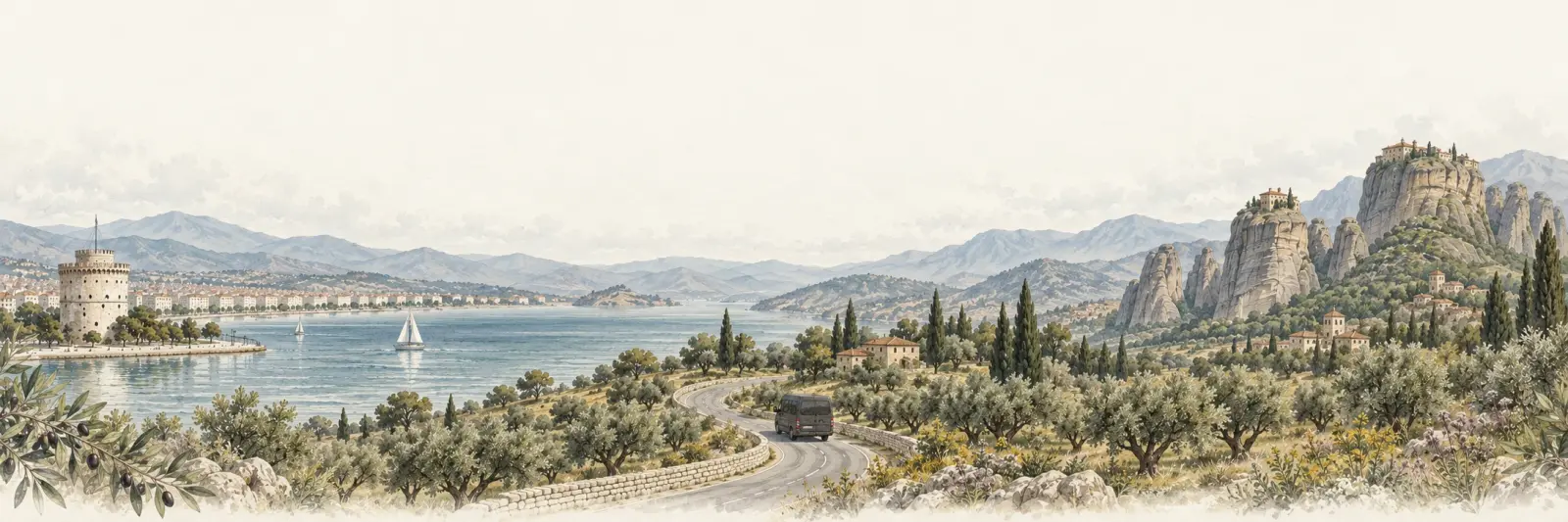 Εικονογράφηση της Βόρειας Ελλάδας με παραλία, μοναστήρια και minibus